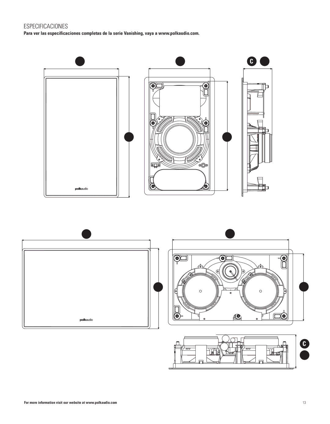 Polk Audio 255C-RT, 625-RT, 265-LS, 265-RT, 255C-LS, 65F/X manual Especificaciones 