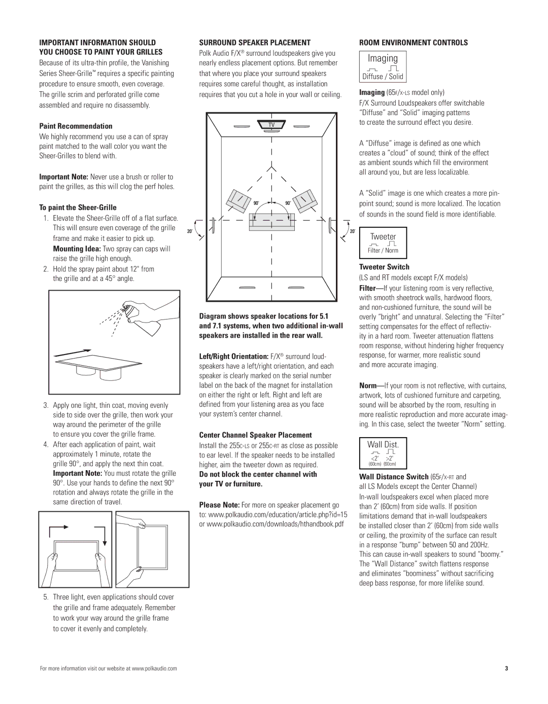 Polk Audio 265-LS Paint Recommendation, To paint the Sheer-Grille, Surround Speaker Placement, Room Environment Controls 