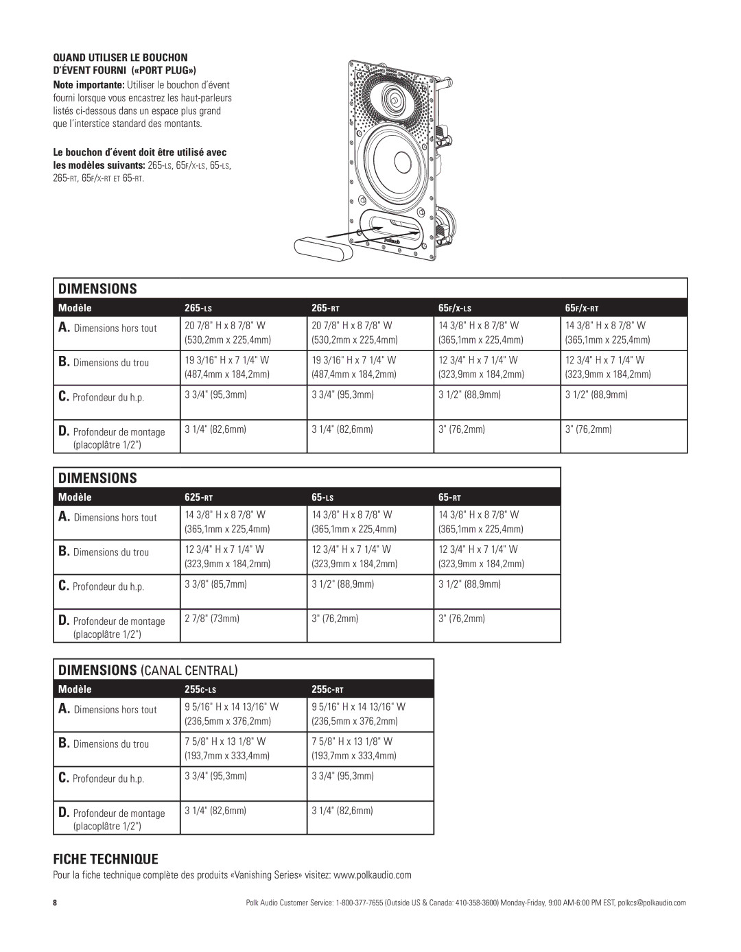 Polk Audio 65-RT Quand Utiliser LE Bouchon ’ÉVENT Fourni «PORT PLUG», 265-rt, 65f/x-rt et 65-rt, 82,6mm Placoplâtre 1/2 