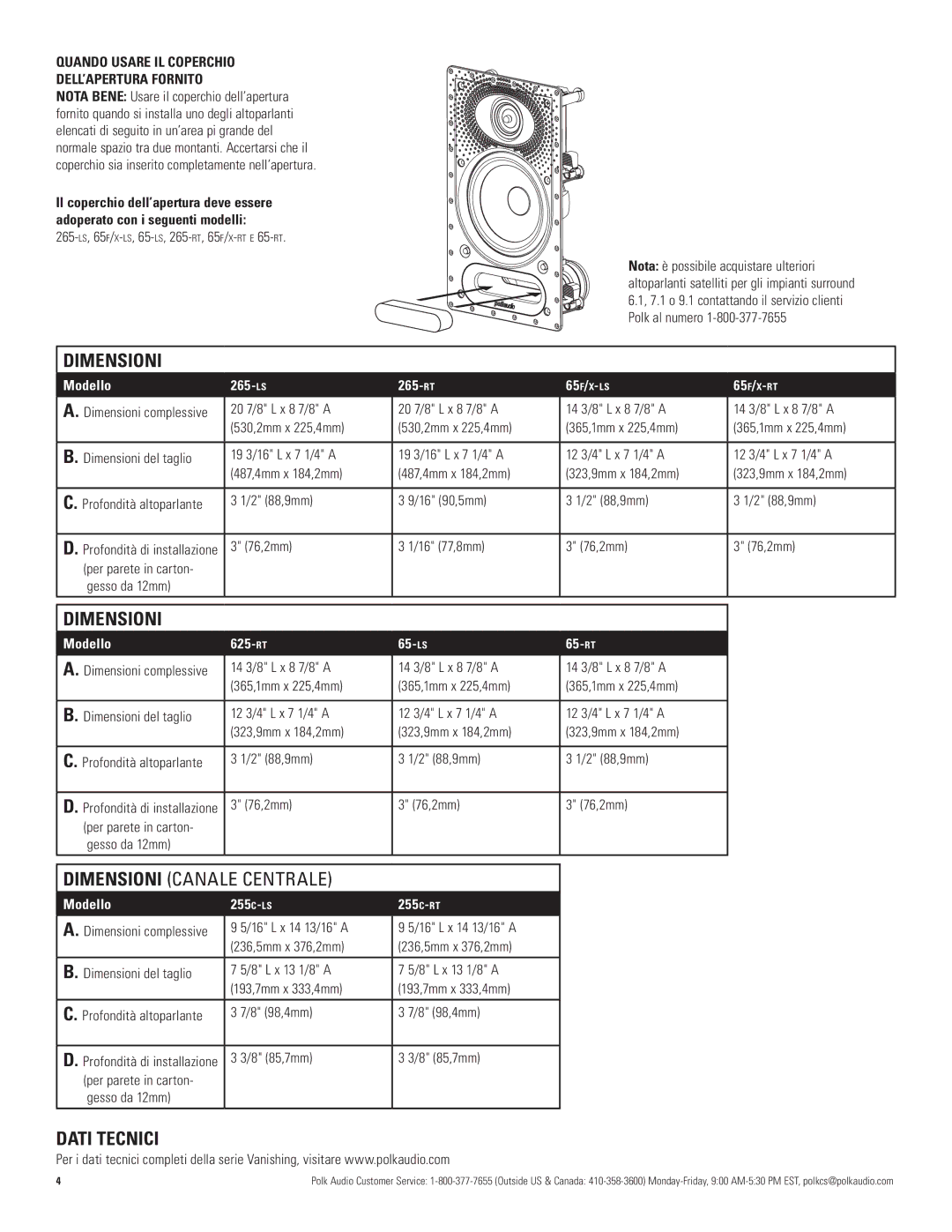 Polk Audio 625-RT, 65-RT, 65-LS Dimensioni canale centrale, Dati Tecnici, Quando Usare IL Coperchio DELL’APERTURA Fornito 