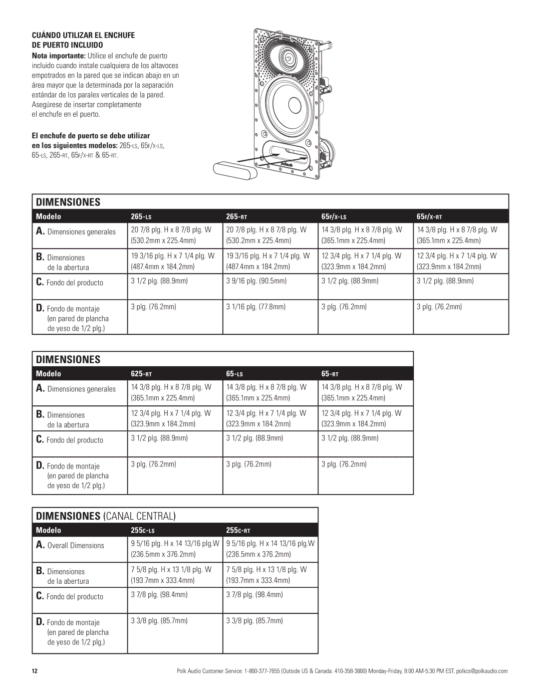 Polk Audio 65F/X -LS, 65F/X -RT, 625-RT, 265-LS, 265-RT, 255C-RT, 255C-LS Cuándo Utilizar EL Enchufe DE Puerto Incluido 