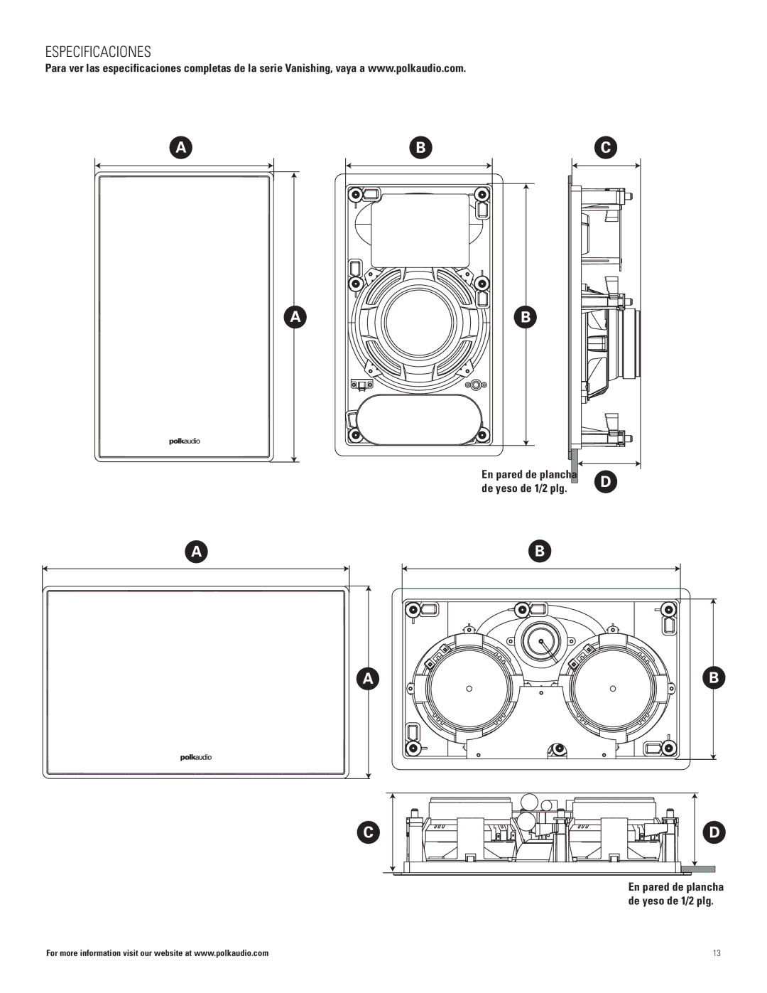 Polk Audio 625-RT, 65F/X -RT, 65F/X -LS, 265-LS, 265-RT, 255C-RT, 255C-LS manual Especificaciones 