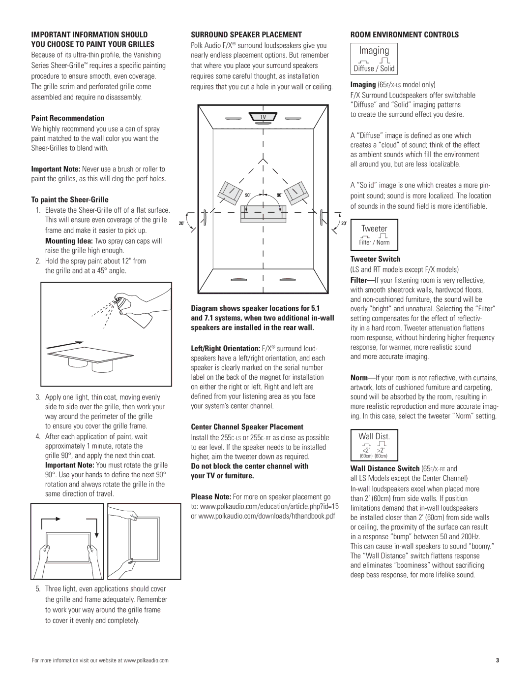 Polk Audio 65F/X -LS, 65-RT Paint Recommendation, To paint the Sheer-Grille, Surround Speaker Placement, Tweeter Switch 