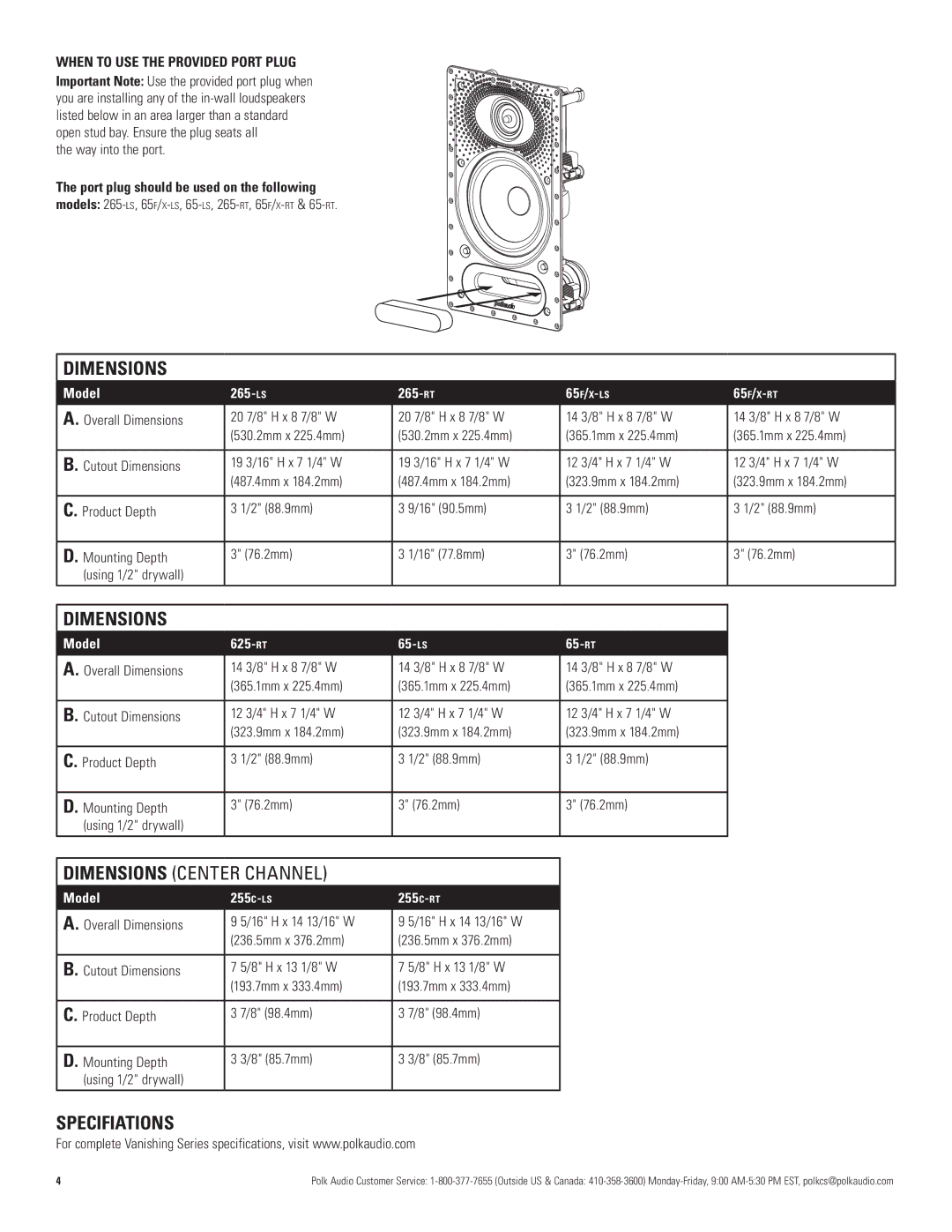 Polk Audio 625-RT, 65F/X -RT, 65F/X -LS, 265-LS, 265-RT, 255C-RT, 255C-LS manual Dimensions, Way into the port 