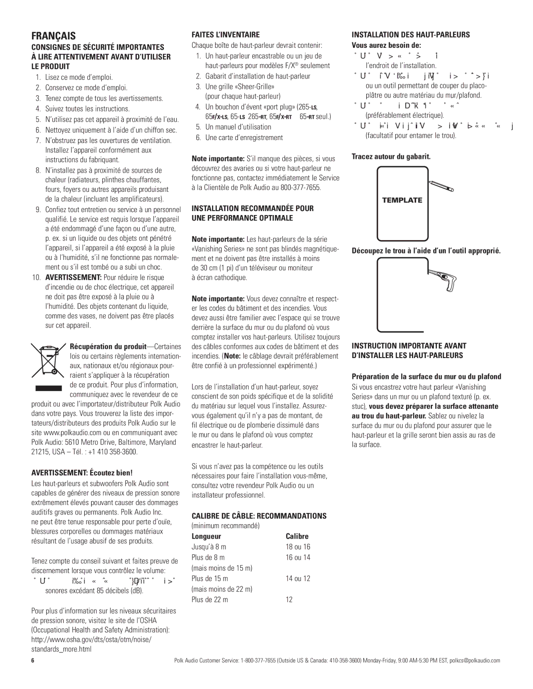 Polk Audio 265-RT, 65-LS manual Avertissement Écoutez bien, Faites l’inventaire, Calibre DE Câble Recommandations, Longueur 