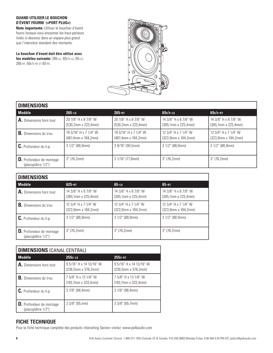 Polk Audio 255C-LS, 65-RT, 65-LS, 65F/X -RT Quand Utiliser LE Bouchon ’ÉVENT Fourni «PORT PLUG», 265-rt, 65f/x-rt et 65-rt 