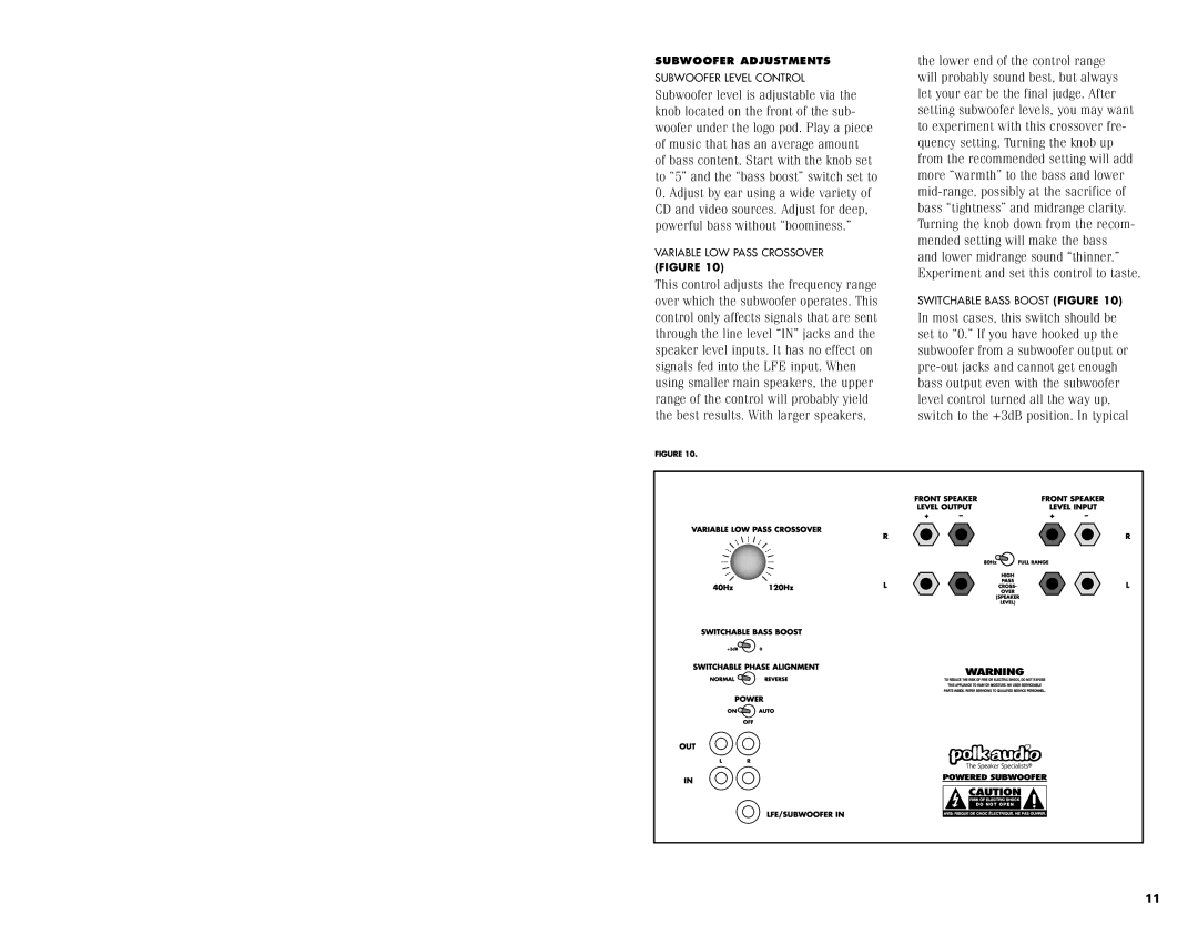 Polk Audio 650 instruction manual Subwoofer Adjustments 