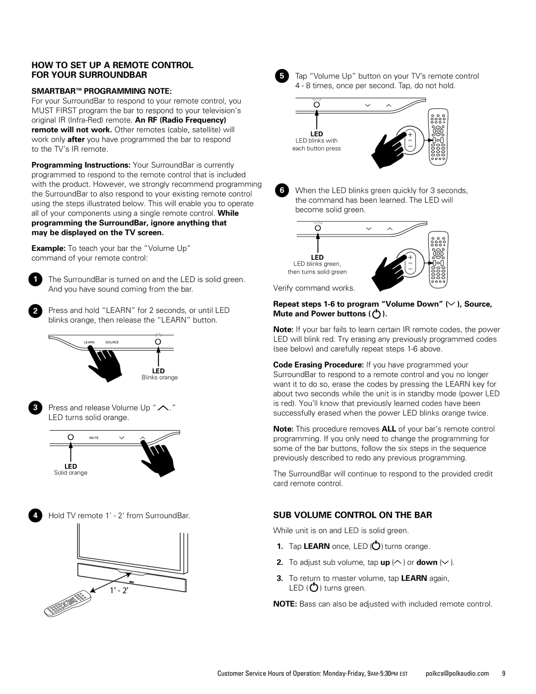 Polk Audio 6500BT How to set up a remote control for your SurroundBar, Sub Volume Control on the Bar, Verify command works 