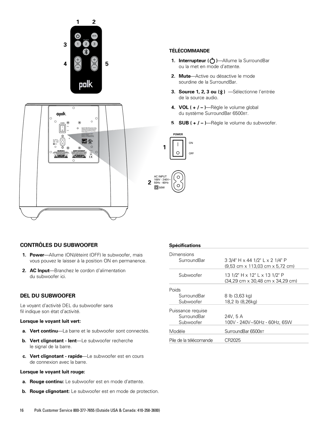 Polk Audio 6500BT manual Contrôles DU Subwoofer, DEL DU Subwoofer 