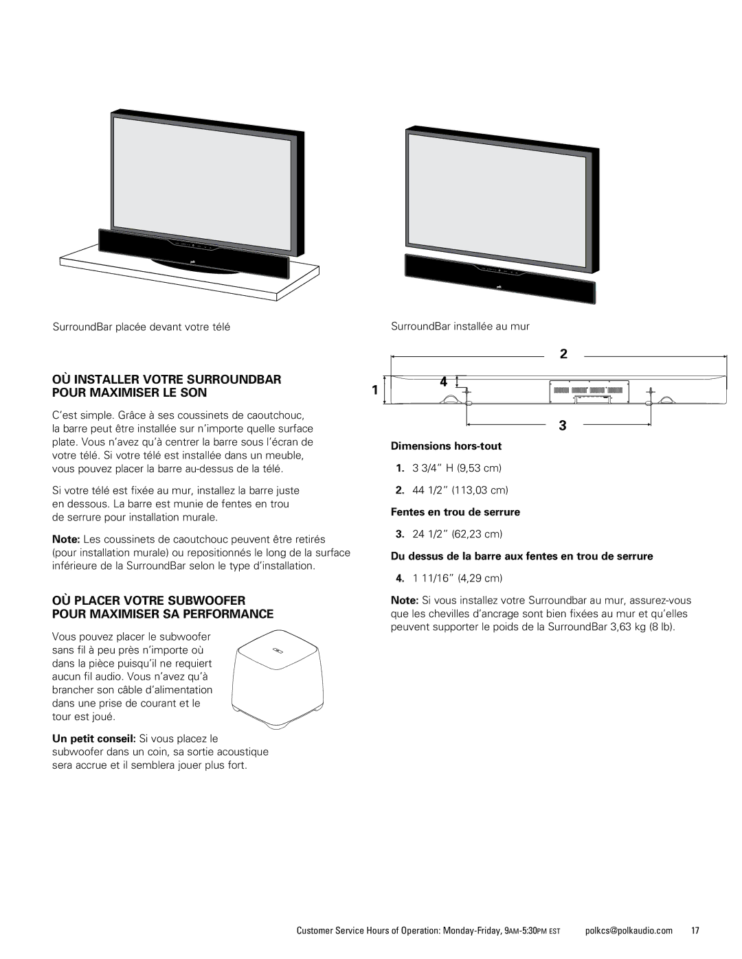 Polk Audio 6500BT OÙ Installer Votre Surroundbar Pour Maximiser LE SON, Dimensions hors-tout, Fentes en trou de serrure 