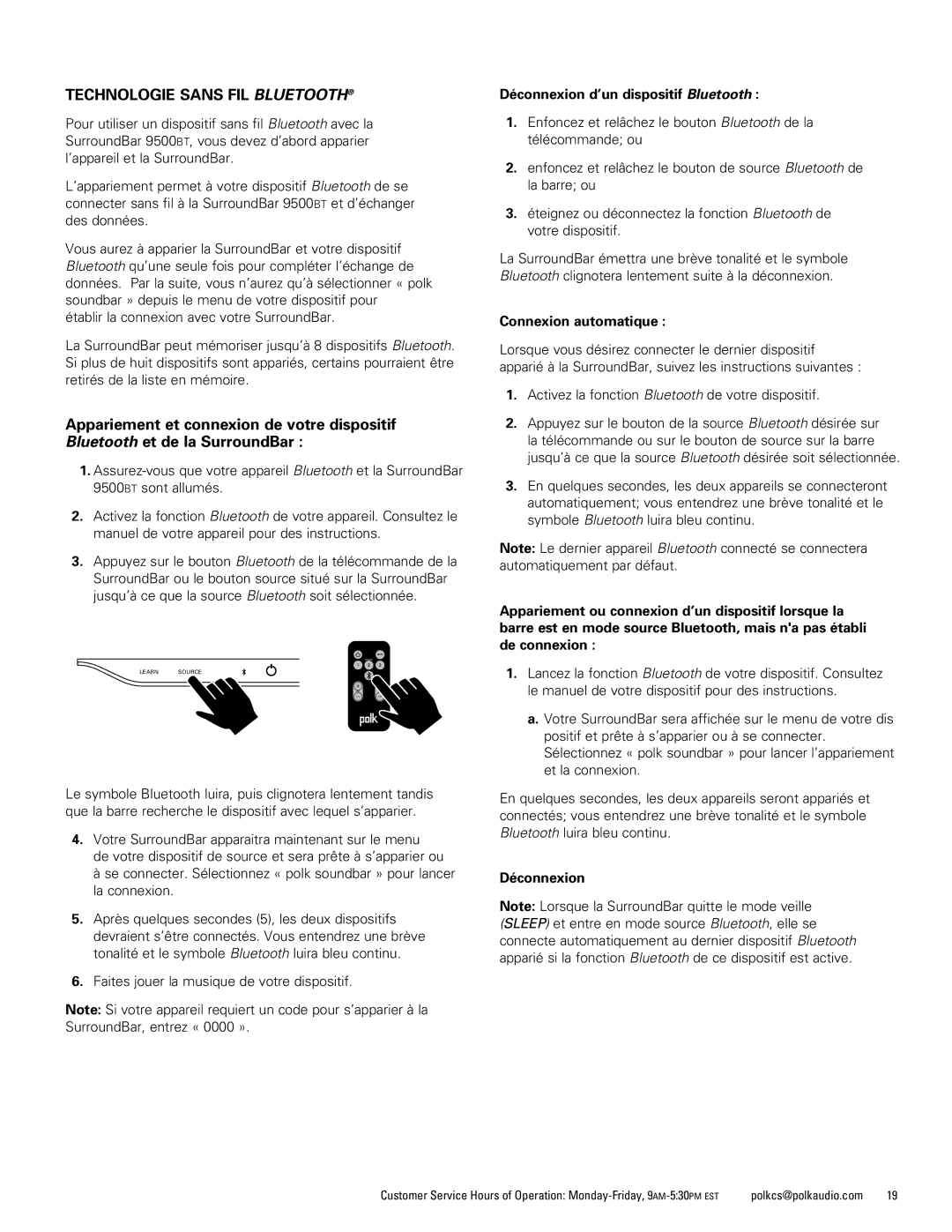 Polk Audio 6500BT manual Technologie sans fil Bluetooth, Déconnexion d’un dispositif Bluetooth, Connexion automatique 