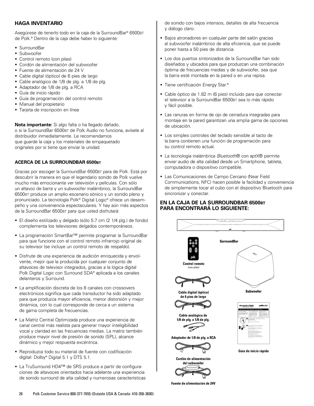 Polk Audio 6500BT manual Haga Inventario, Acerca DE LA Surroundbar 6500bt, Tiene certificación Energy Star 