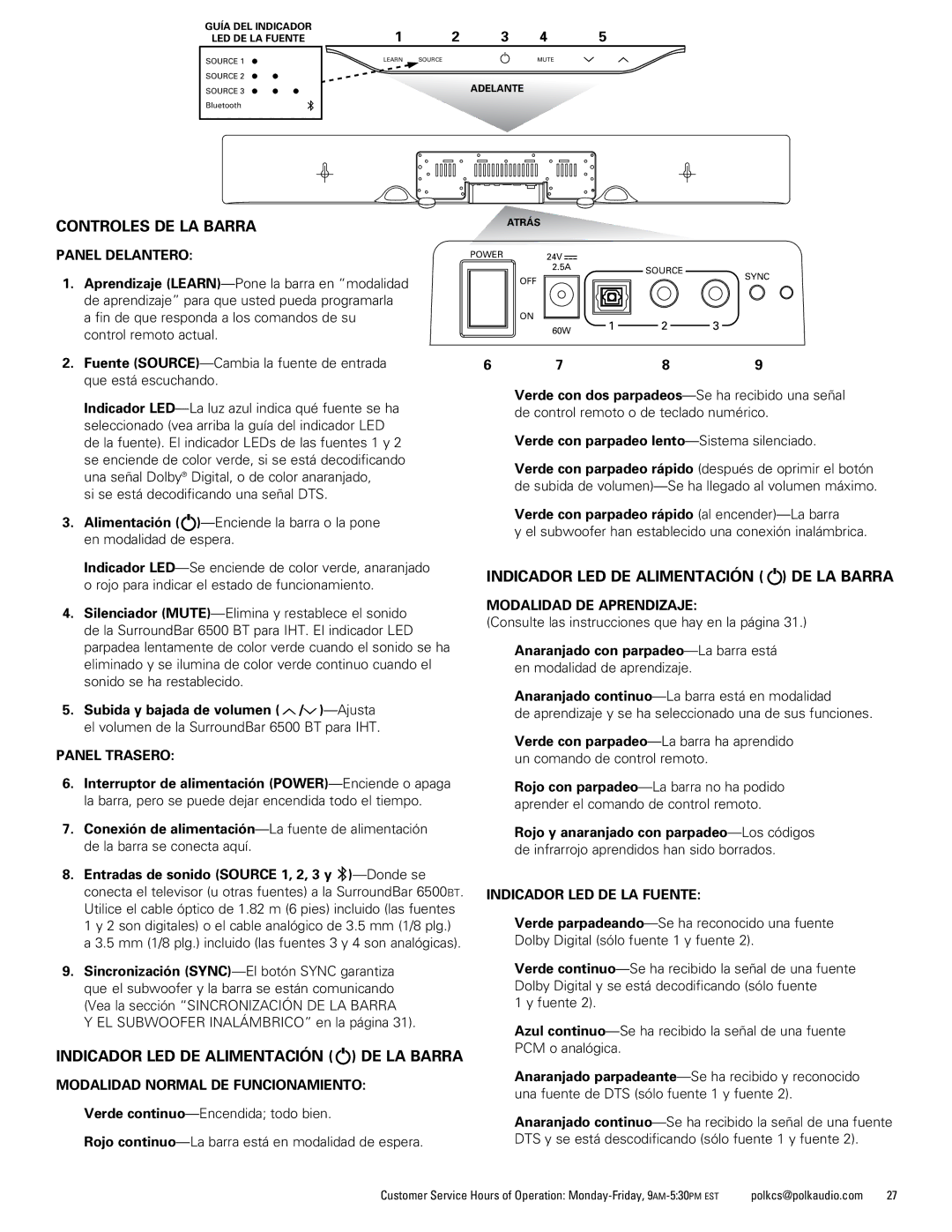 Polk Audio 6500BT Controles DE LA Barra, Indicador LED DE Alimentación DE LA Barra, Modalidad Normal de Funcionamiento 