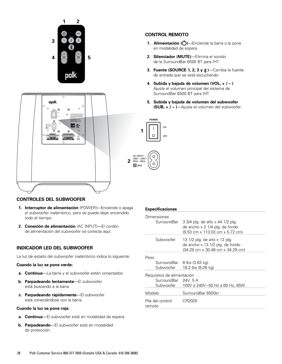 Polk Audio 6500BT manual Control Remoto, Controles DEL Subwoofer, Indicador LED del subwoofer 