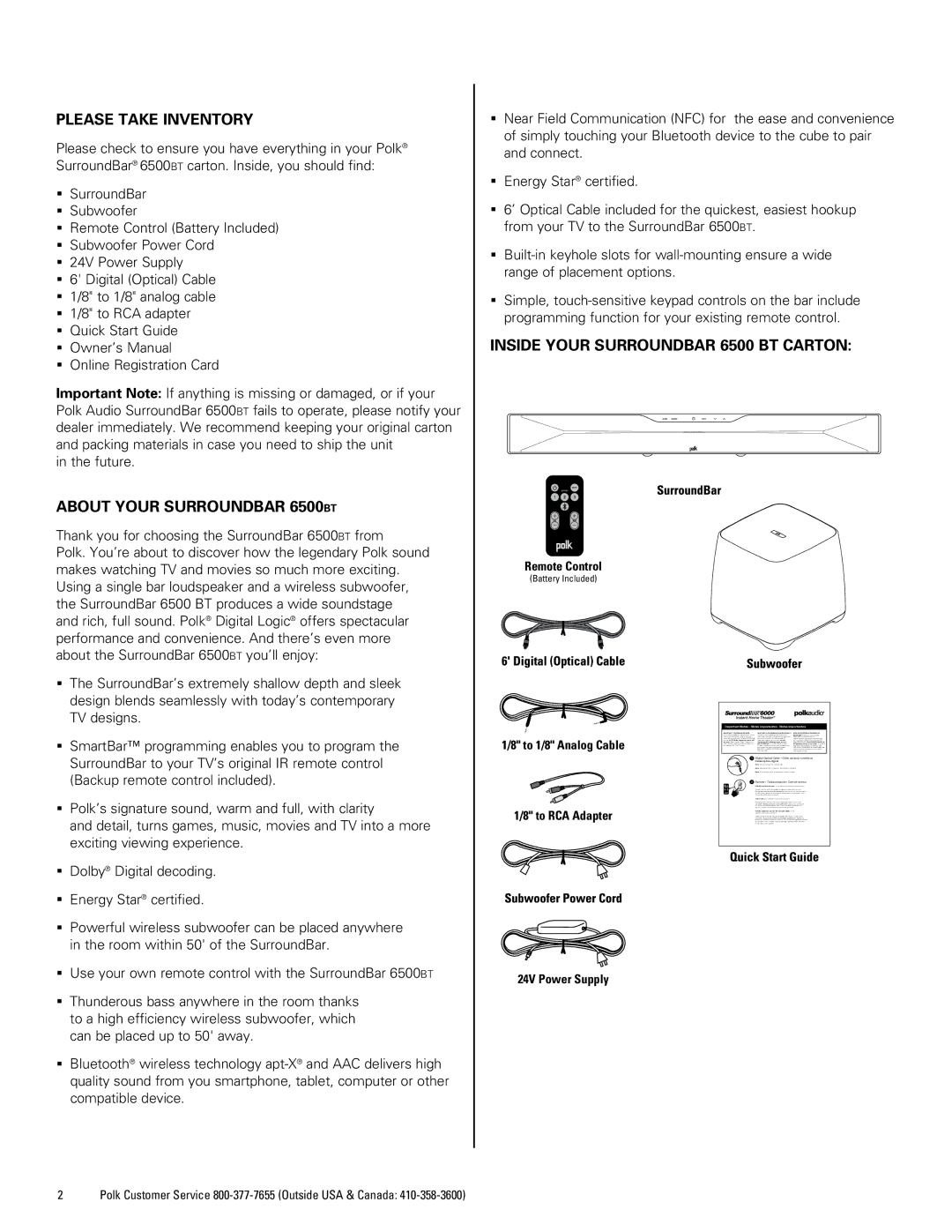 Polk Audio 6500BT manual Please Take Inventory, About your SurroundBar 6500bt, Inside Your SurroundBar 6500 BT Carton 