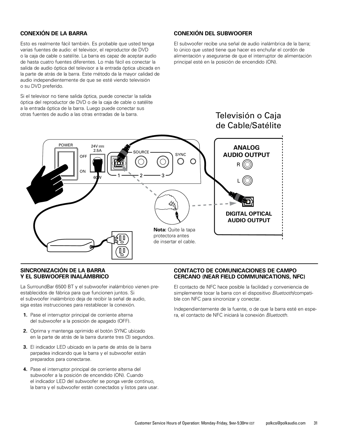 Polk Audio 6500BT manual Conexión DE LA Barra Conexión DEL Subwoofer, Sincronización de la barra y el subwoofer inalámbrico 