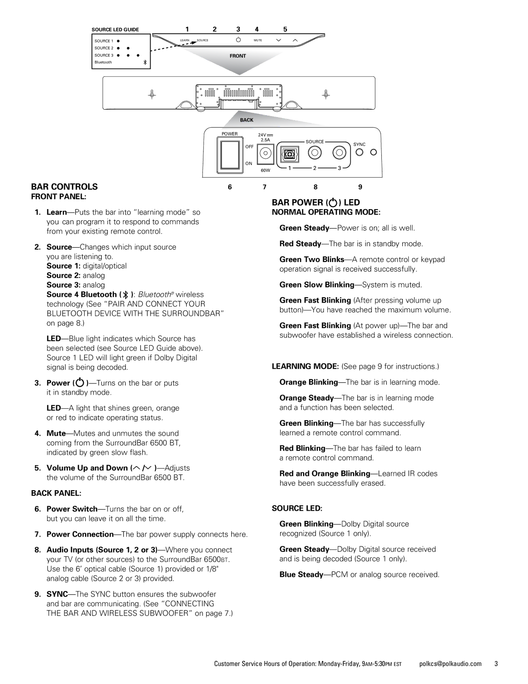 Polk Audio 6500BT manual Bar Controls, BAr Power, Led 