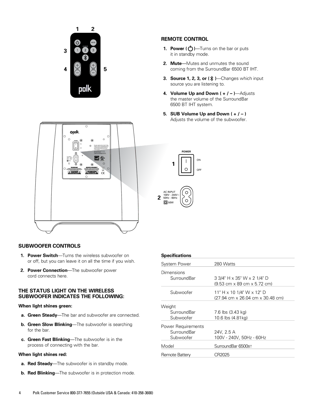 Polk Audio 6500BT manual Remote control, Subwoofer controls 