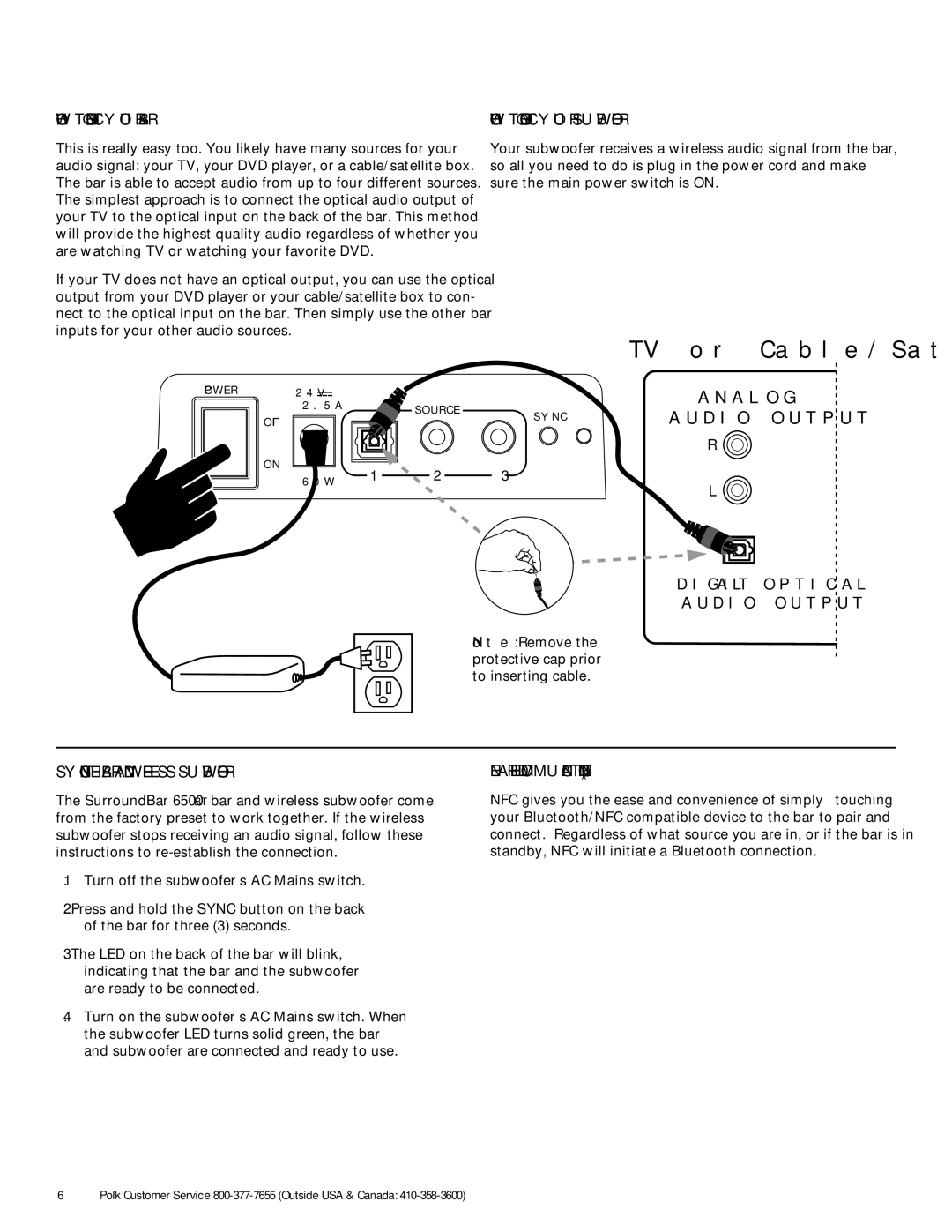 Polk Audio 6500BT manual How to Connect your Bar, How to connect your subwoofer, Digital Optical Audio Output 