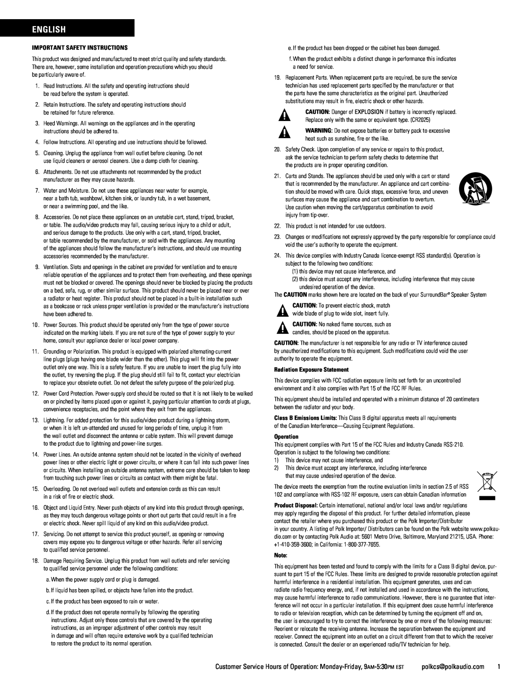 Polk Audio 6500BT manual English, Important Safety Instructions, Radiation Exposure Statement, Operation 