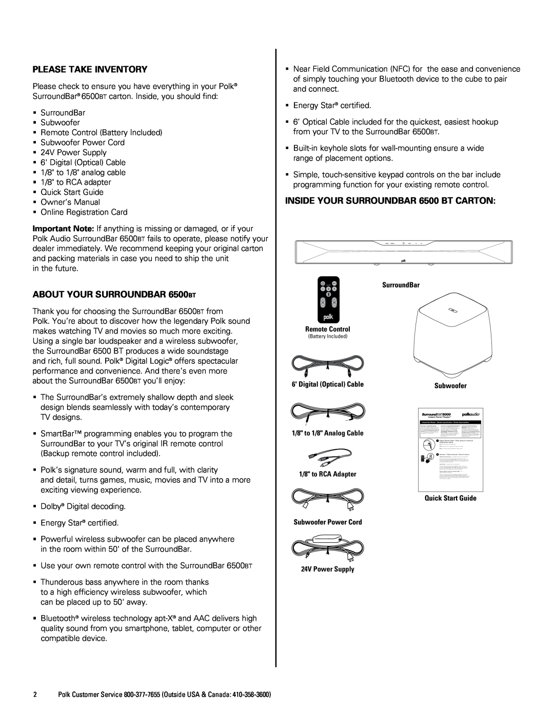Polk Audio 6500BT manual Please Take Inventory, About your SurroundBar 6500bt, Inside Your SurroundBar 6500 BT Carton 