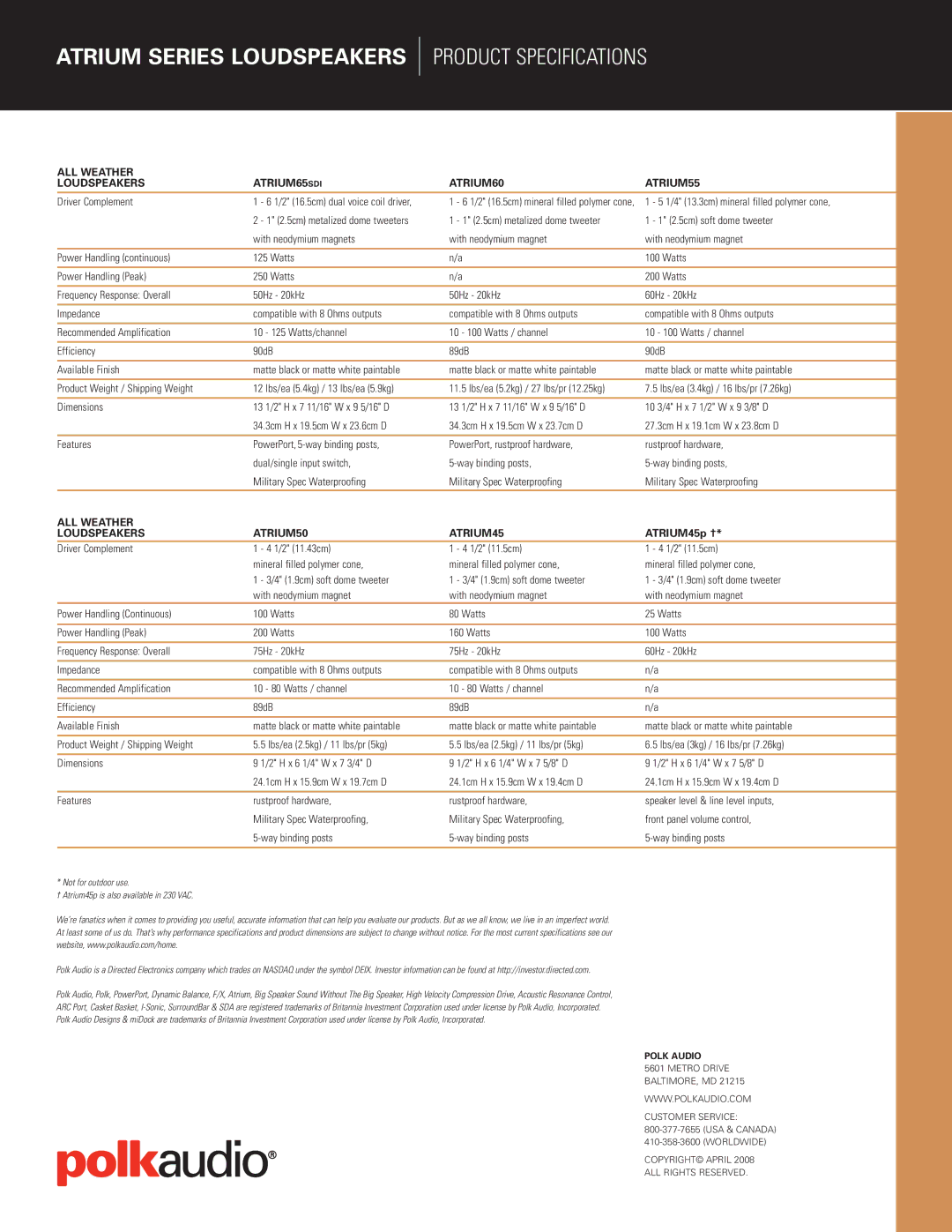 Polk Audio 65SDI manual Product Specifications, ALL Weather Loudspeakers ATRIUM65 SDI ATRIUM60 ATRIUM55 