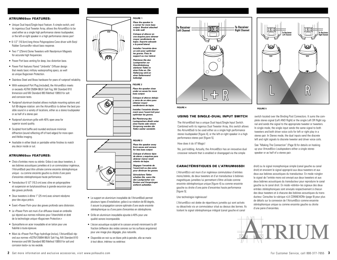 Polk Audio owner manual ATRIUM65SDI Features, Using the SINGLE-DUAL Input Switch, Caractéristiques DE L’ATRIUM65SDI 