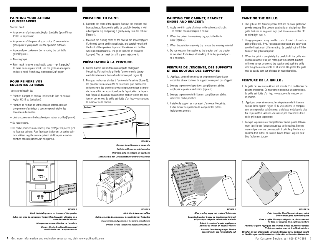 Polk Audio 65SDI owner manual Painting Your Atrium Loudspeakers, Pour Peindre VOS Enceintes Atriums, Preparing to Paint 