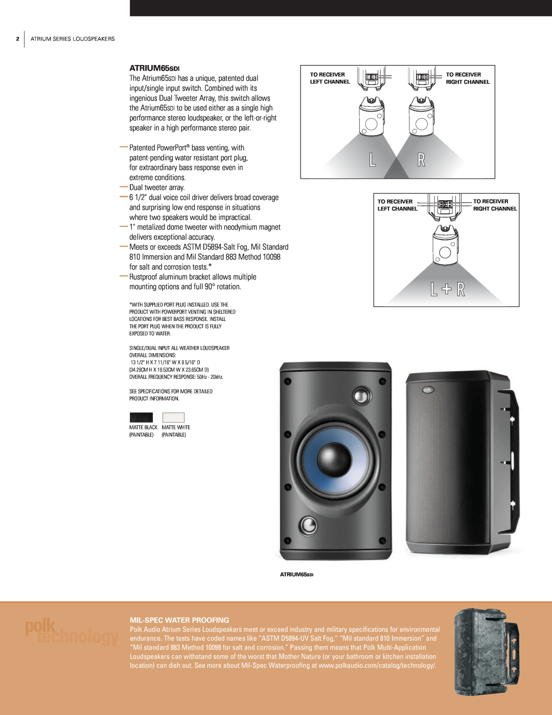 Polk Audio manual polk technology, ATRIUM65SDI, Mil-Specwater Proofing 