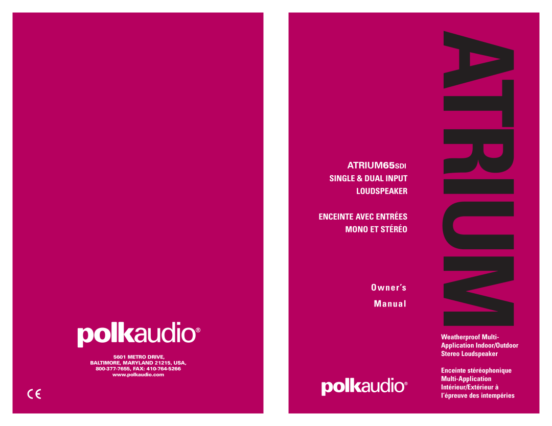 Polk Audio owner manual Atrium, ATRIUM65SDI, O w n e r ’s M a n u a l, Single & Dual Input Loudspeaker 