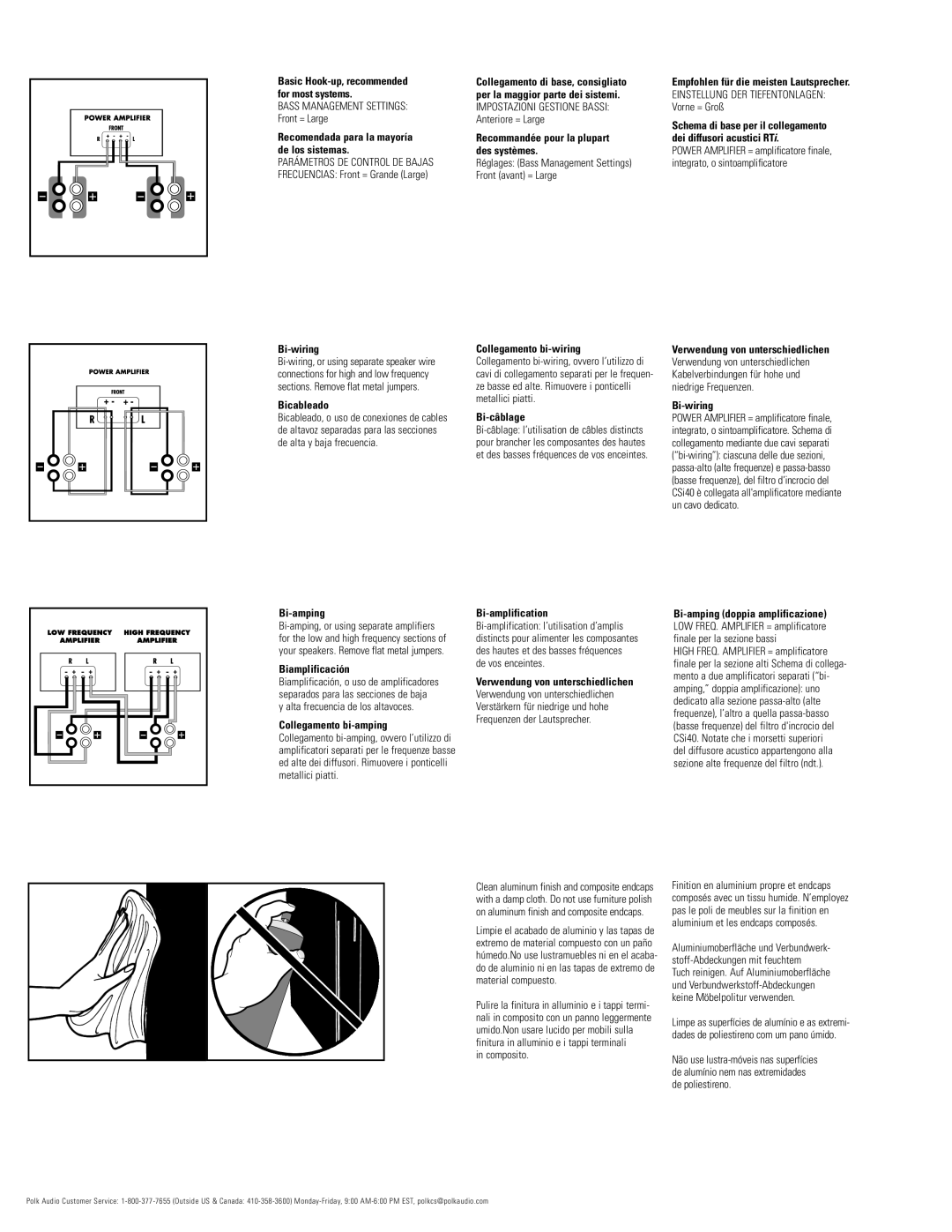 Polk Audio 7300 Recomendada para la mayoría de los sistemas, Bi-wiring, Bicableado, Bi-amping, Biamplificación, Bi-câblage 