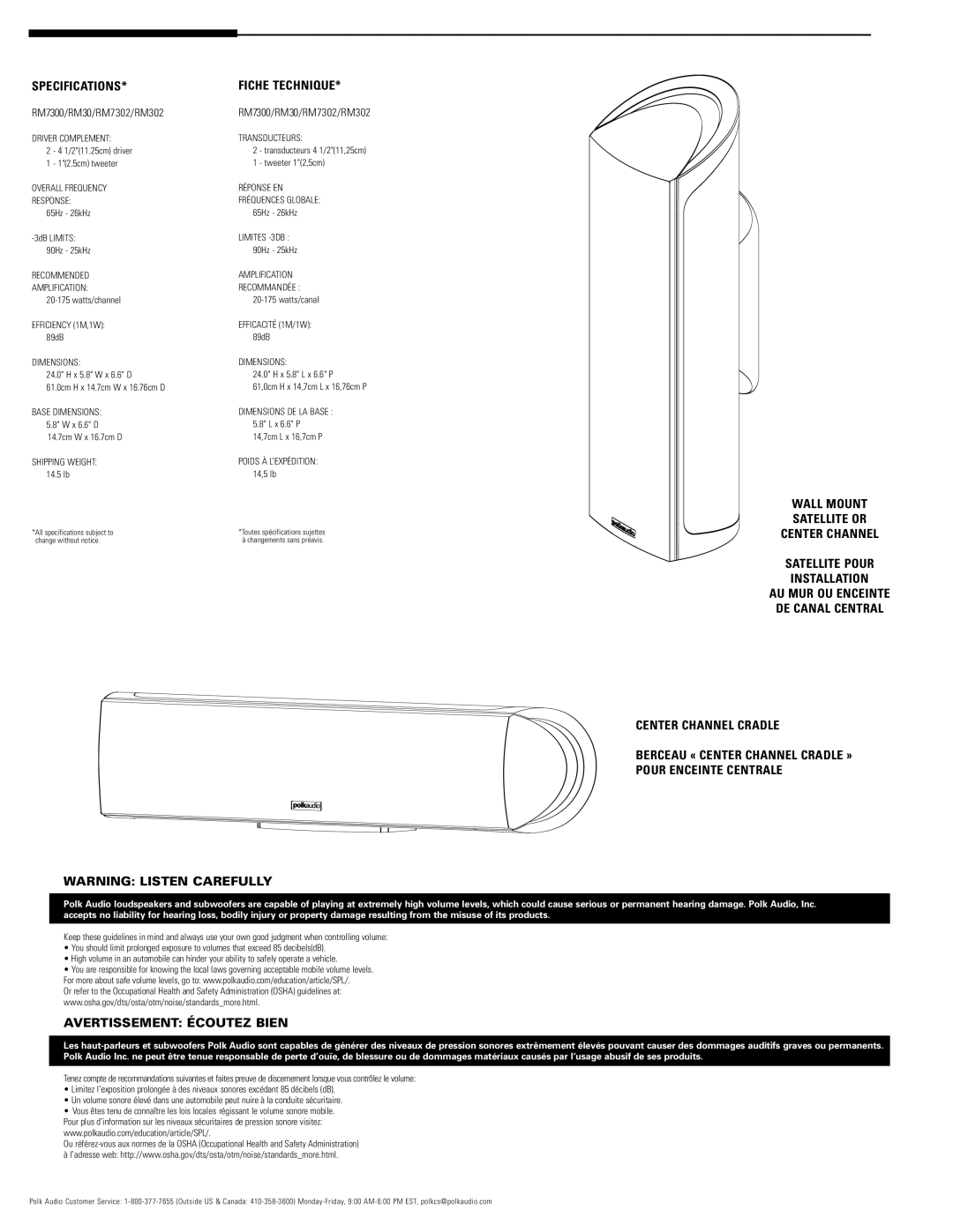 Polk Audio 7300 owner manual Specifications, Fiche Technique, Avertissement Écoutez Bien 