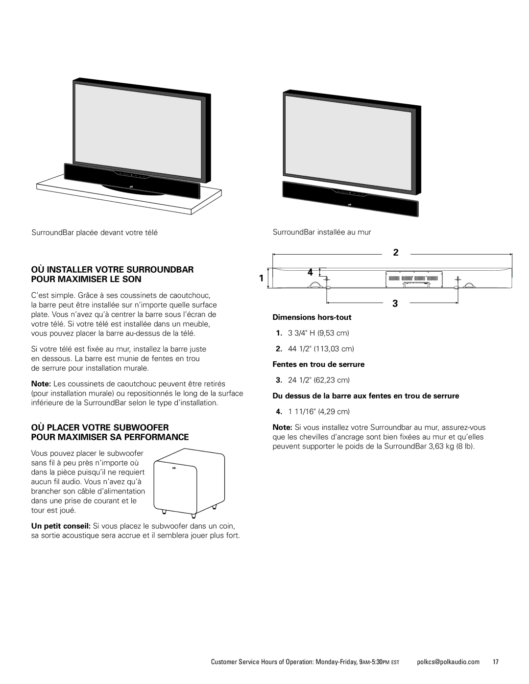 Polk Audio 9000 OÙ Installer Votre Surroundbar Pour Maximiser LE SON, Dimensions hors-tout, Fentes en trou de serrure 