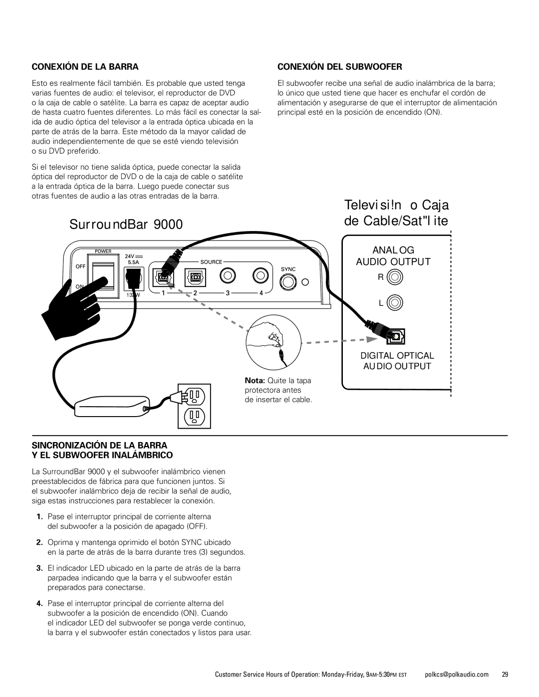 Polk Audio 9000 manual Conexión DE LA Barra, Conexión DEL Subwoofer, Digital Optical Audio Output 