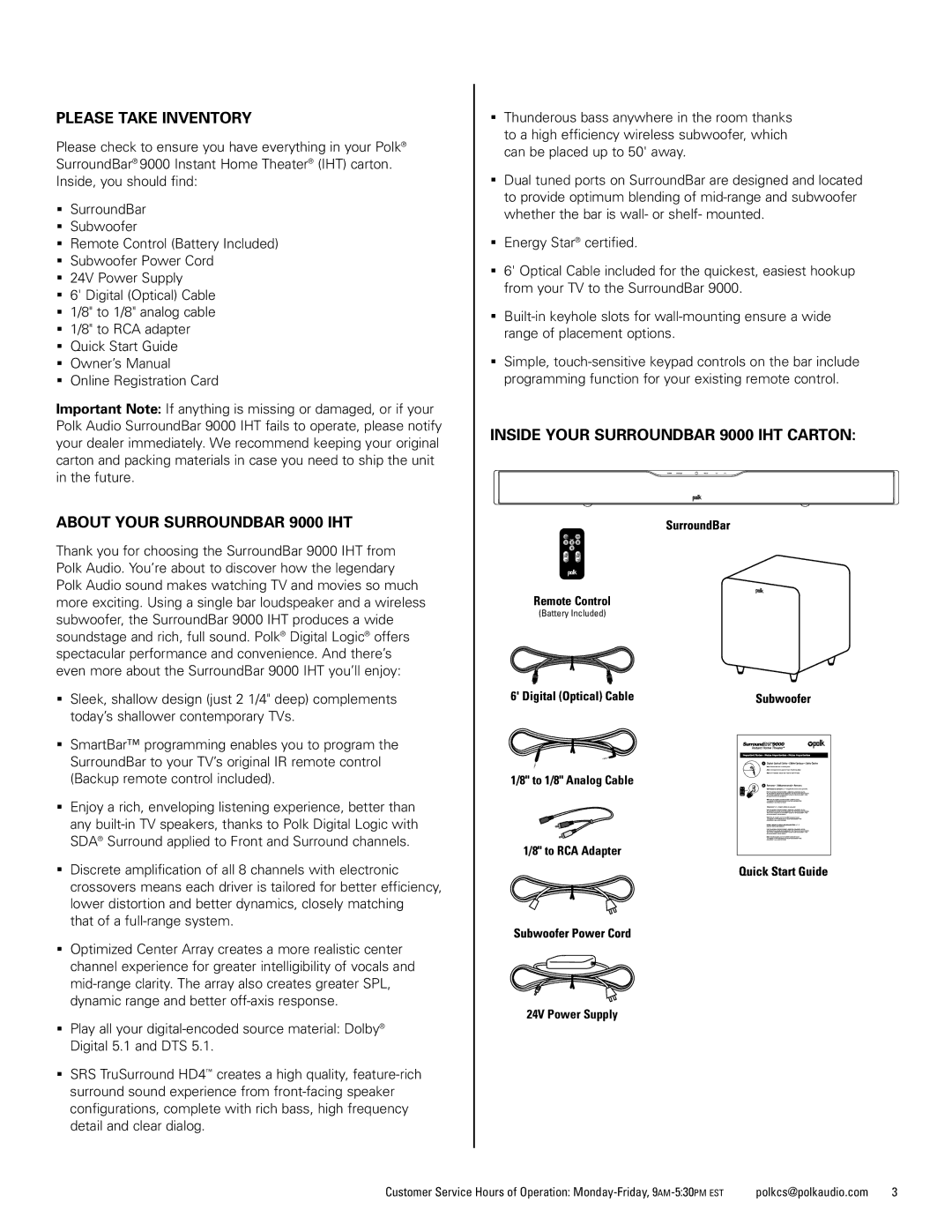 Polk Audio manual Please Take Inventory, About Your Surroundbar 9000 IHT, Inside Your Surroundbar 9000 IHT Carton 