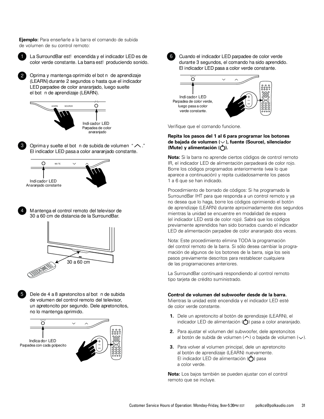 Polk Audio 9000 manual El botón de aprendizaje Learn, Verifique que el comando funcione, que se han indicado 