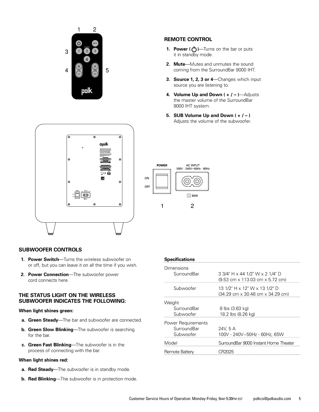 Polk Audio 9000 manual Remote Control, Subwoofer Controls 