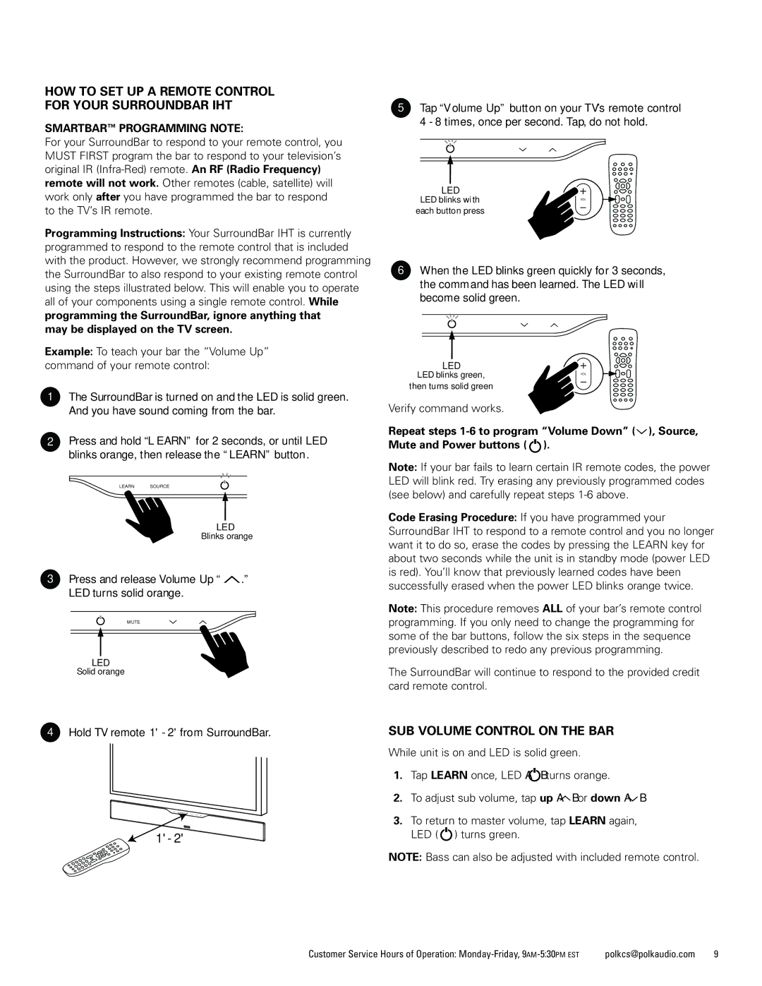 Polk Audio 9000 manual HOW to SET UP a Remote Control For Your Surroundbar IHT, SUB Volume Control on the BAR 