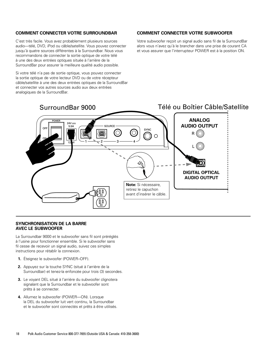 Polk Audio 9000 Télé ou Boîtier Câble/Satellite, Comment Connecter Votre Surroundbar, Comment Connecter Votre Subwoofer 