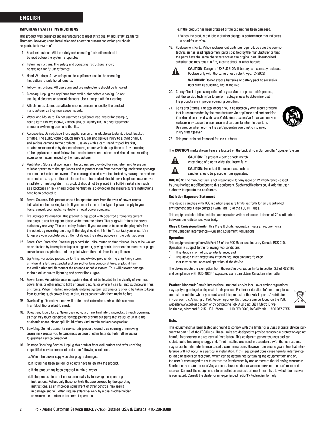 Polk Audio 9000 manual English, Important Safety Instructions, Radiation Exposure Statement, Operation 