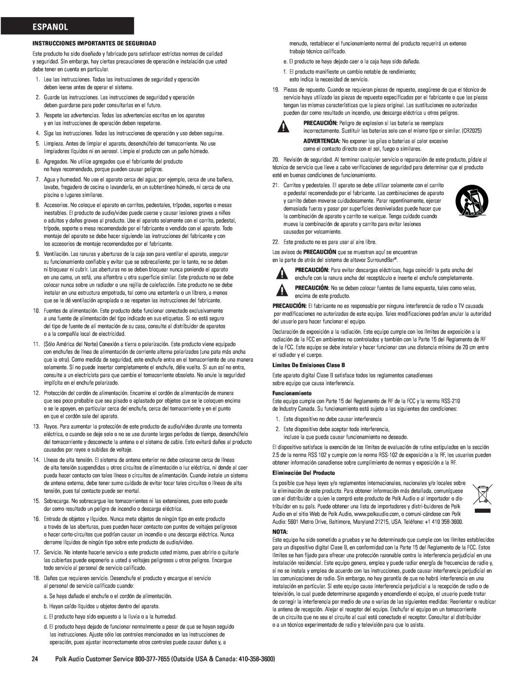 Polk Audio 9000 manual Espanol, Instrucciones Importantes De Seguridad, Límites De Emisiones Clase B, Funcionamiento, Nota 