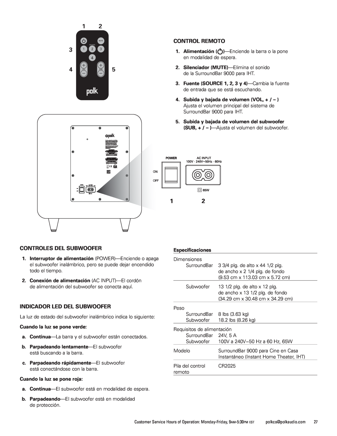 Polk Audio 9000 manual Controles Del Subwoofer, Indicador Led Del Subwoofer, Control Remoto 