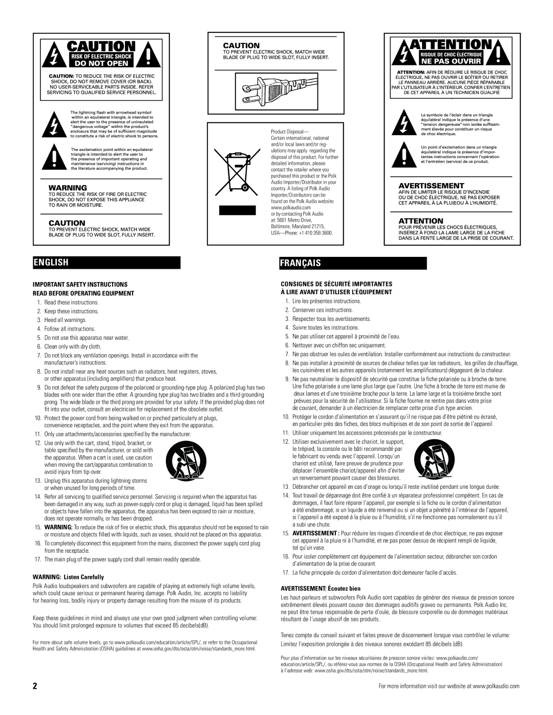 Polk Audio A5, A3, A7, A9, A1 owner manual Français, Avertissement Écoutez bien 