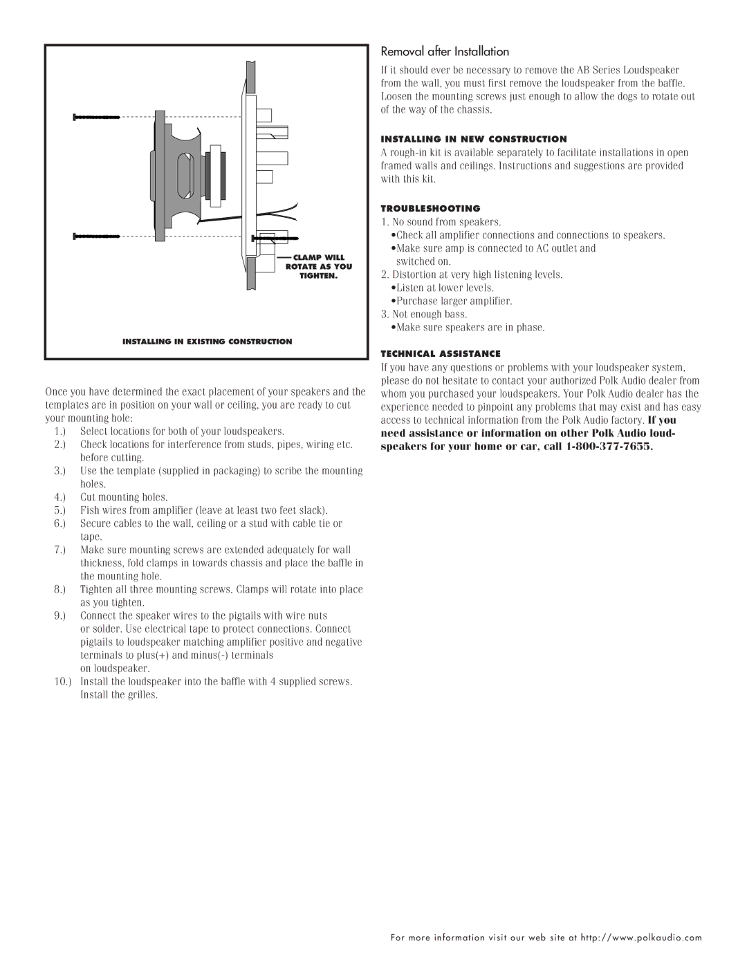 Polk Audio AB710, AB510 instruction manual Removal after Installation 