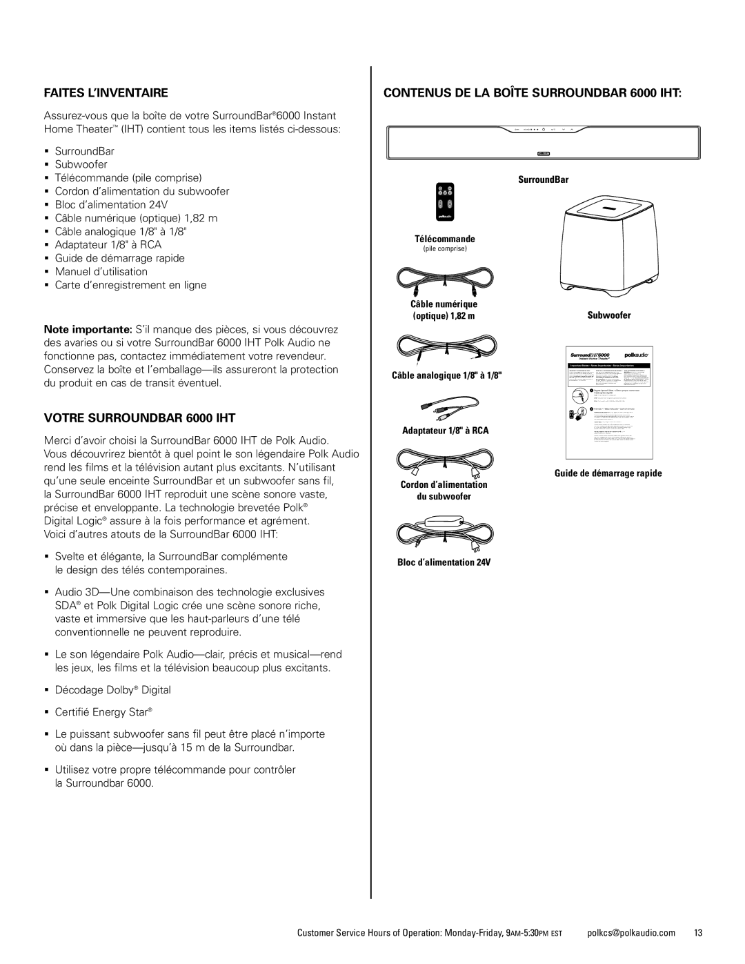 Polk Audio AM1600-A manual Faites L’INVENTAIRE, Votre Surroundbar 6000 IHT, Contenus DE LA Boîte Surroundbar 6000 IHT 