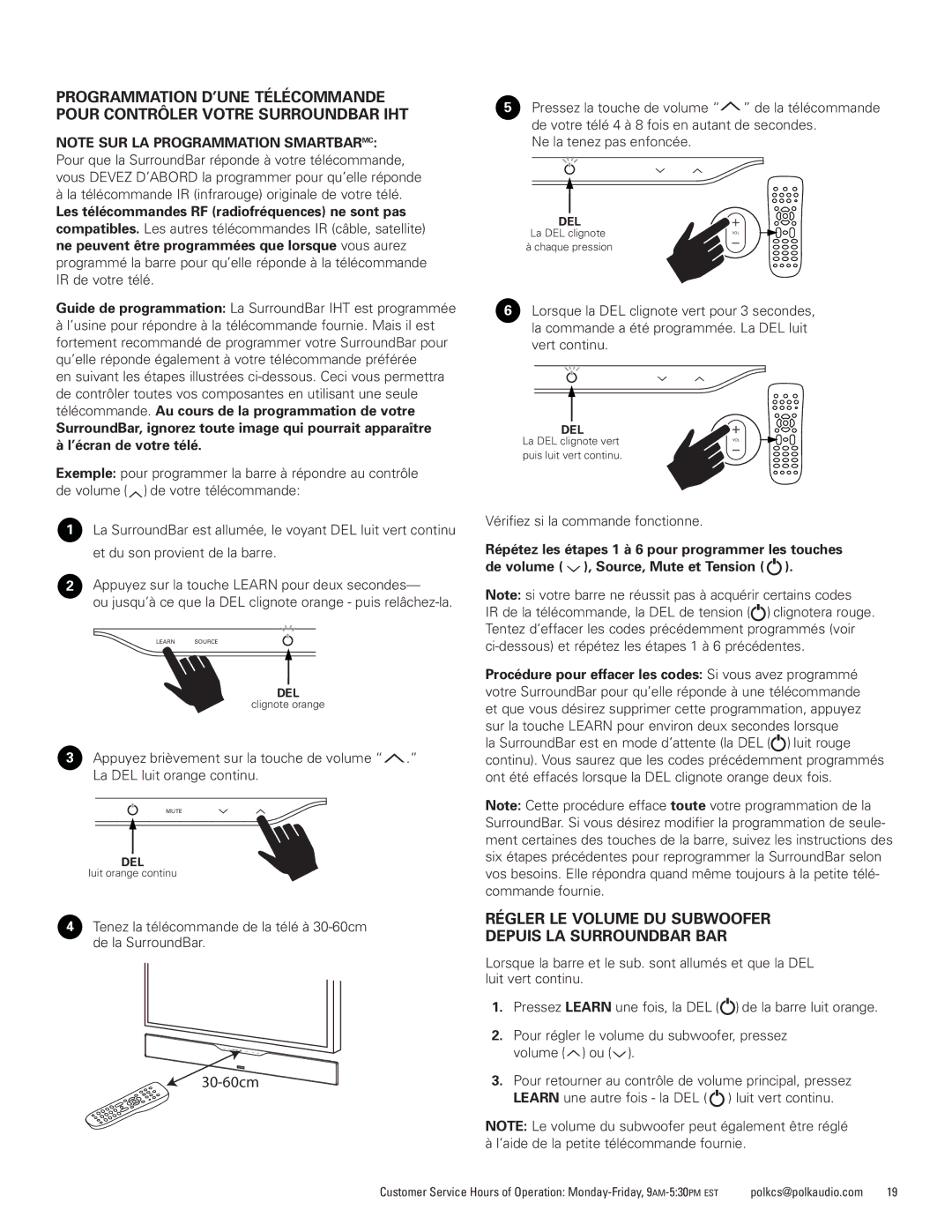 Polk Audio AM1600-A manual Régler LE Volume DU Subwoofer Depuis LA Surroundbar BAR, Ne la tenez pas enfoncée 