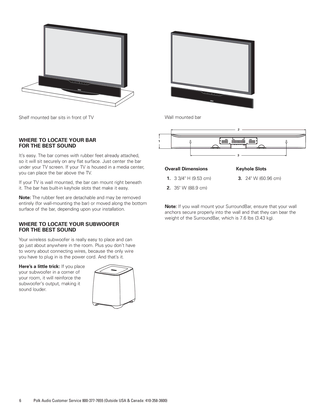 Polk Audio AM1600-A manual Where to Locate Your BAR For the Best Sound, Where to Locate Your Subwoofer for the Best Sound 