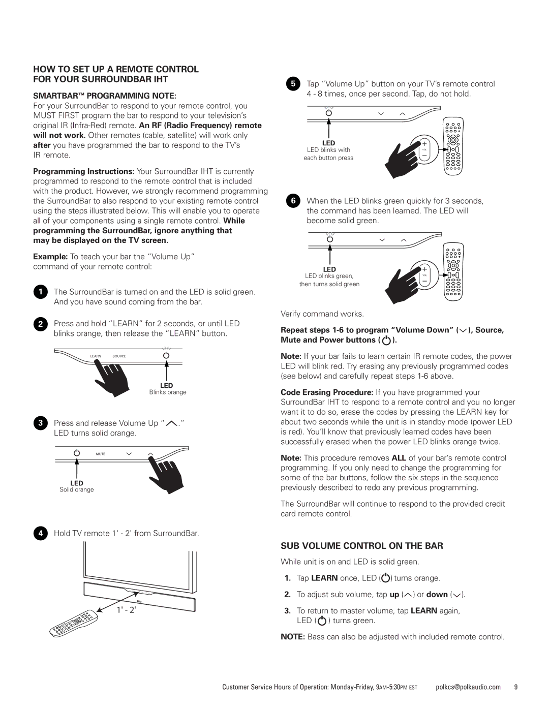 Polk Audio AM1600-A manual HOW to SET UP a Remote Control For Your Surroundbar IHT, SUB Volume Control on the BAR 