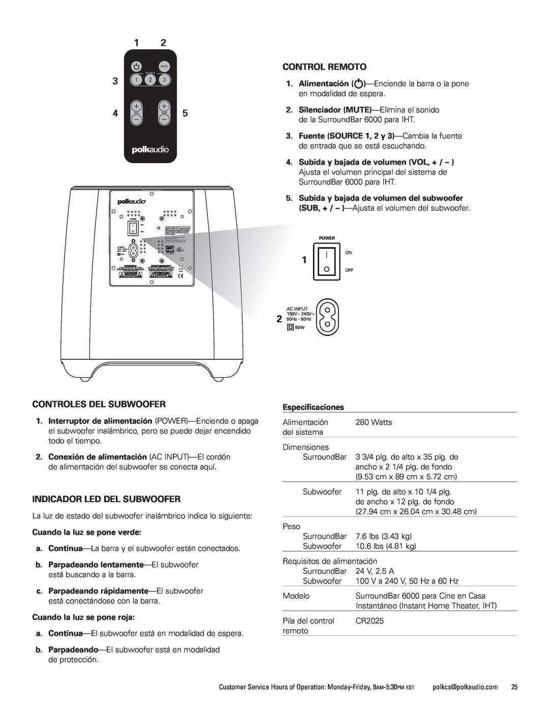 Polk Audio AM1600-A manual Controles Del Subwoofer, Indicador Led Del Subwoofer, Control Remoto, 1 3 4 