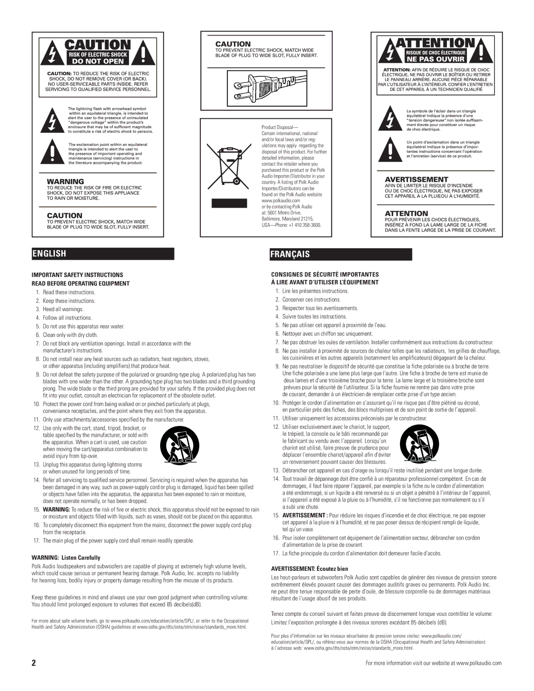 Polk Audio AM7775-B, AM9975-C4 owner manual Français, Avertissement Écoutez bien 